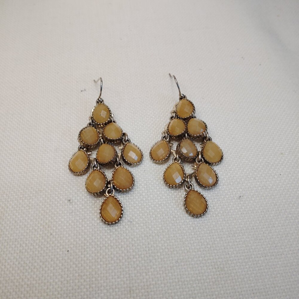 Silver Tone Chandelier Dangle Earrings with Golden Yellow Teardrop Beads